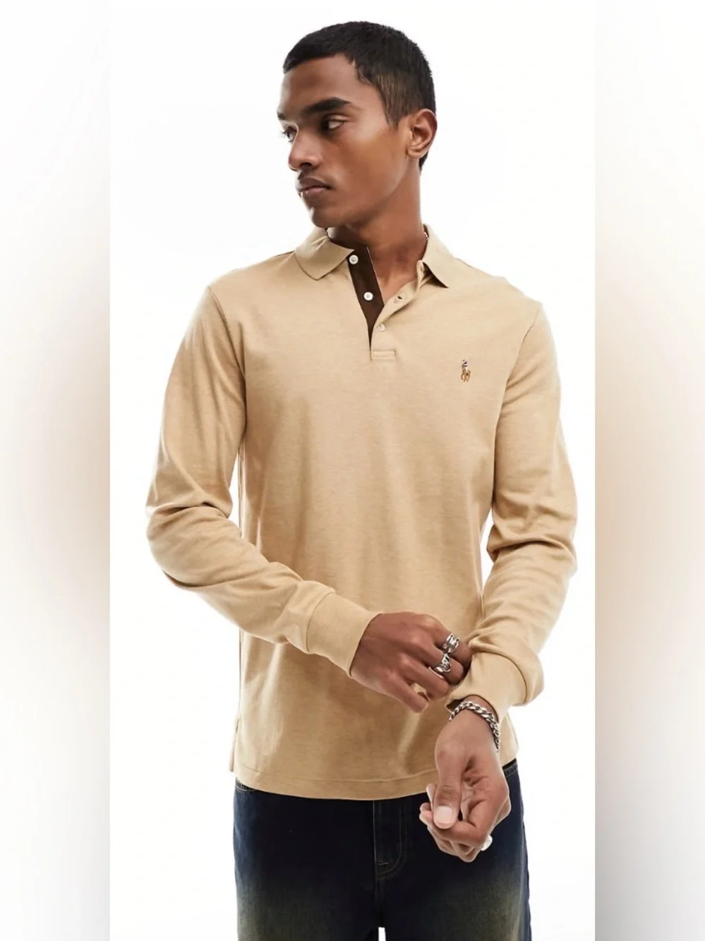 NWT Polo Ralph Lauren CAMEL TAN Soft Cotton Long Sleeve Collared Polo Shirt